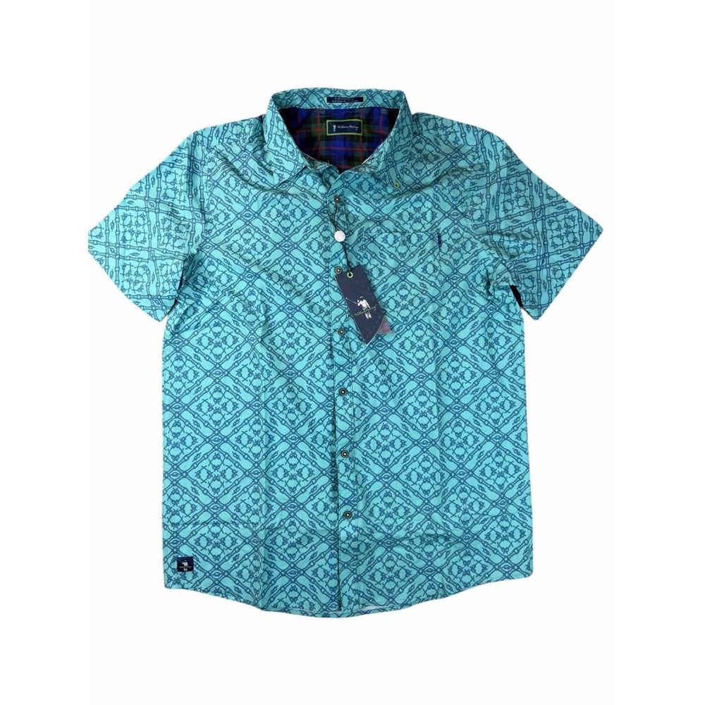 NWT William Murray Golf Shirt Mens Medium Blue Pattern Button Up Stretch Polo